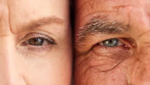 Dental care as you age illustrated by an older couple showing natural signs of aging over time